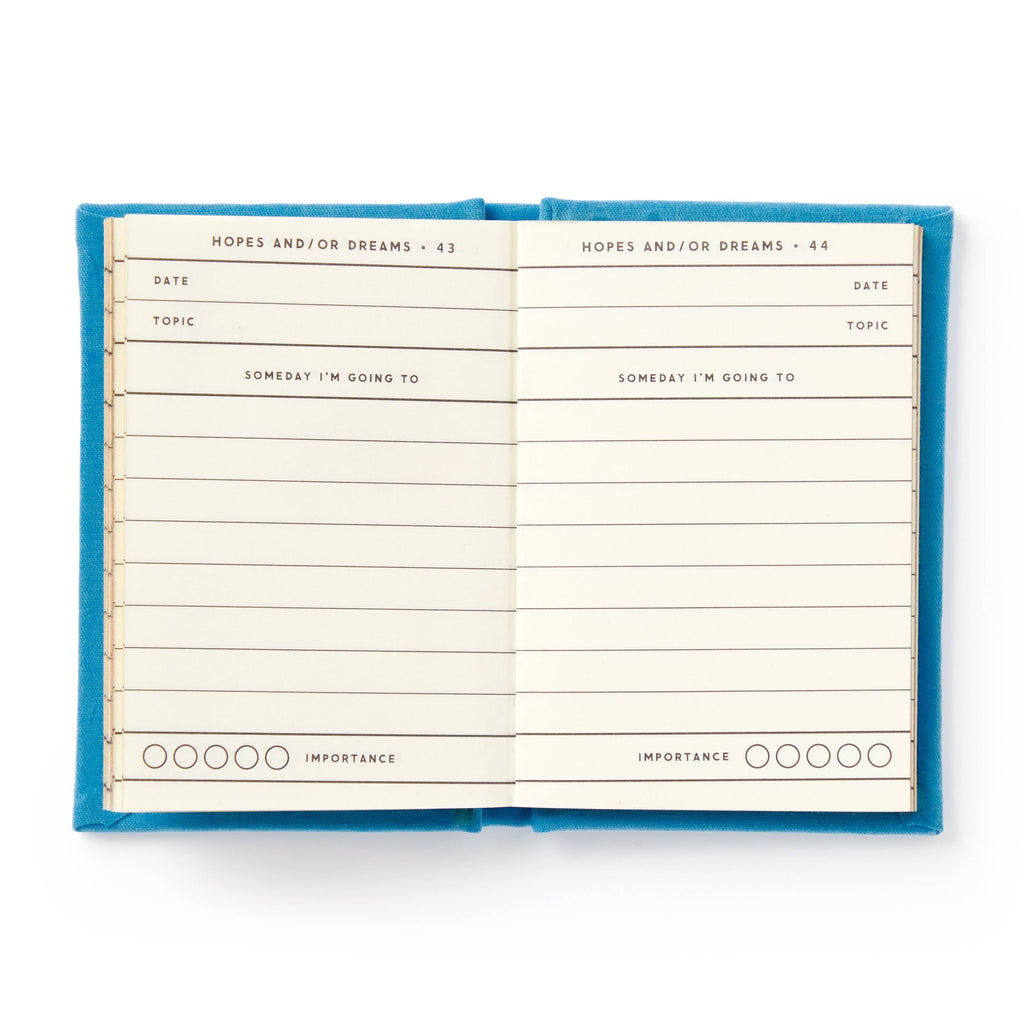 Blue fabric journal open to 'Hopes and/or Dreams' pages with lined prompts for goals and importance rating