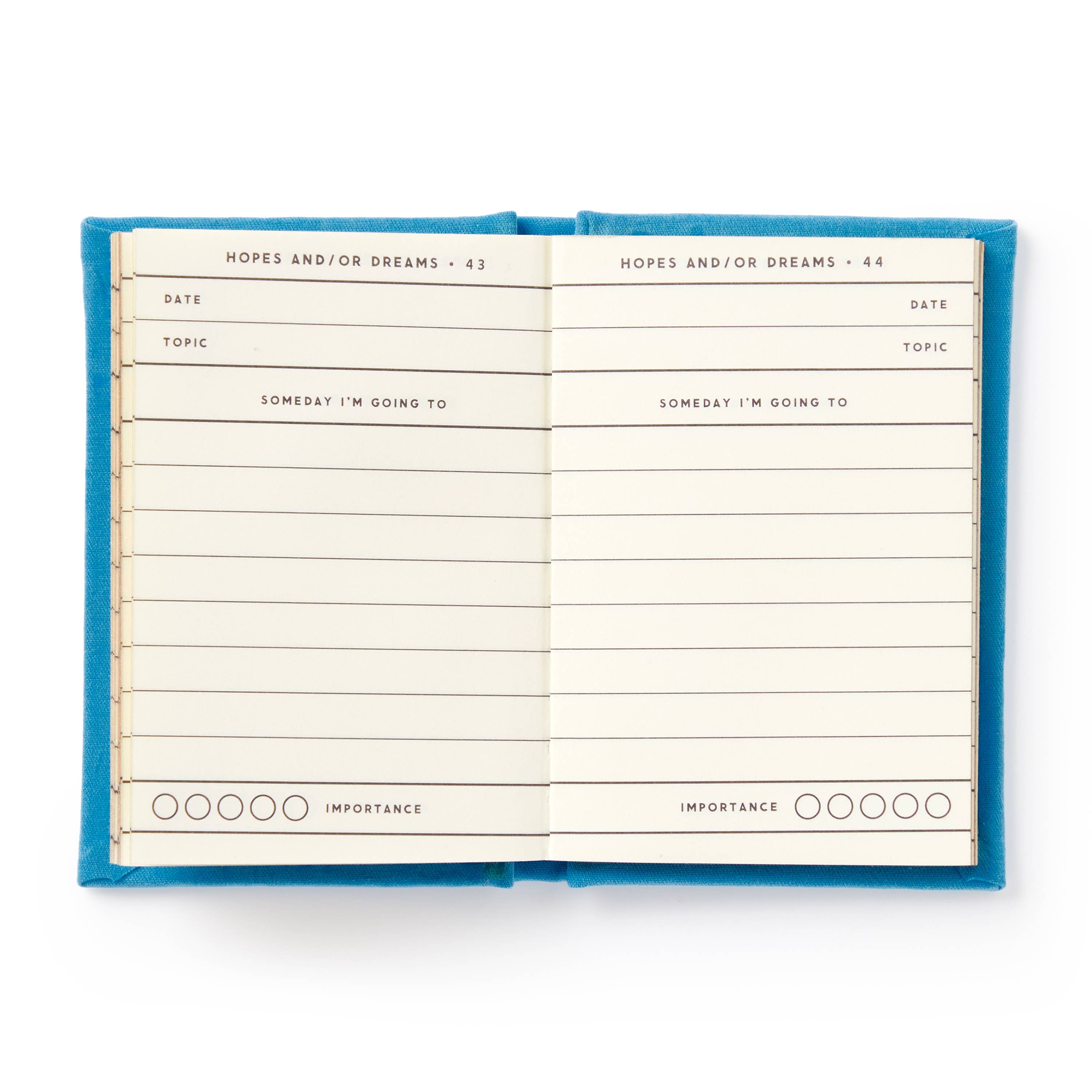 Blue fabric journal open to 'Hopes and/or Dreams' pages with lined prompts for goals and importance rating