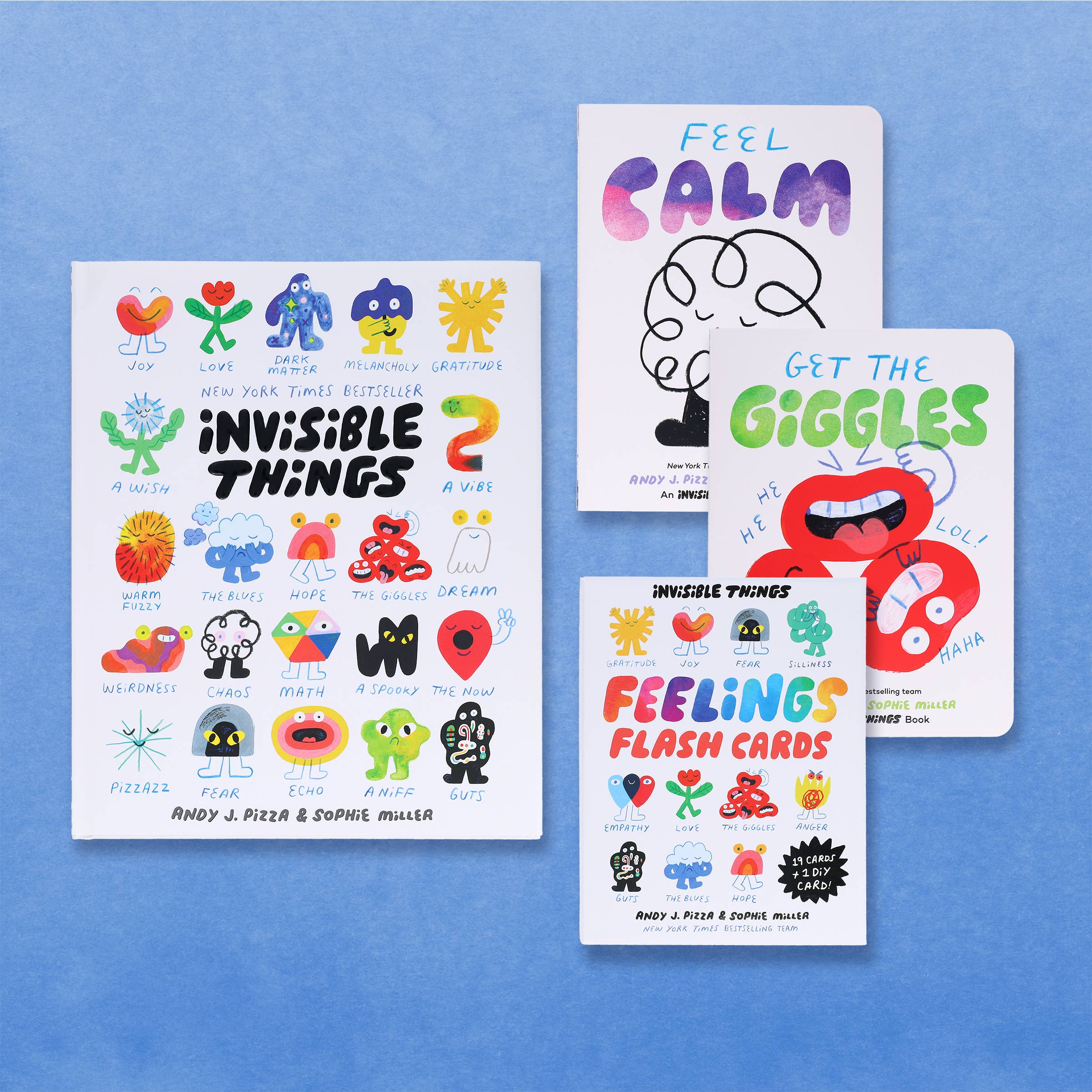 Invisible Things book, Feel Calm journal, Get the Giggles card, and Feelings Flash Cards for kids' emotional learning