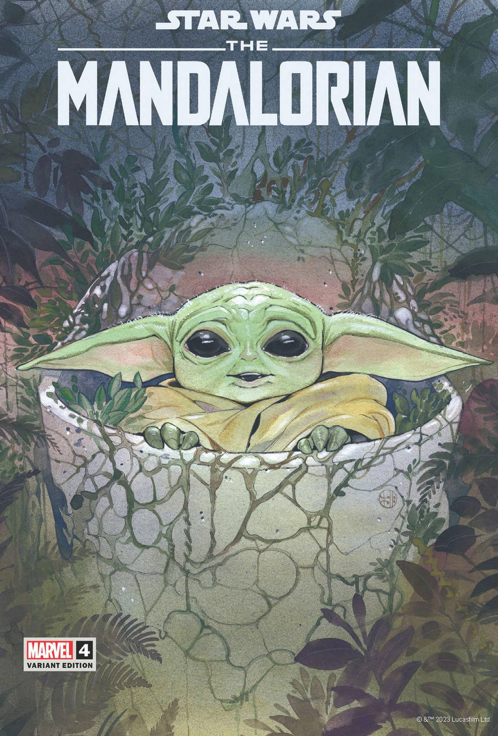 Baby Yoda in cozy basket, Star Wars The Mandalorian Marvel comic cover art for fans and collectors