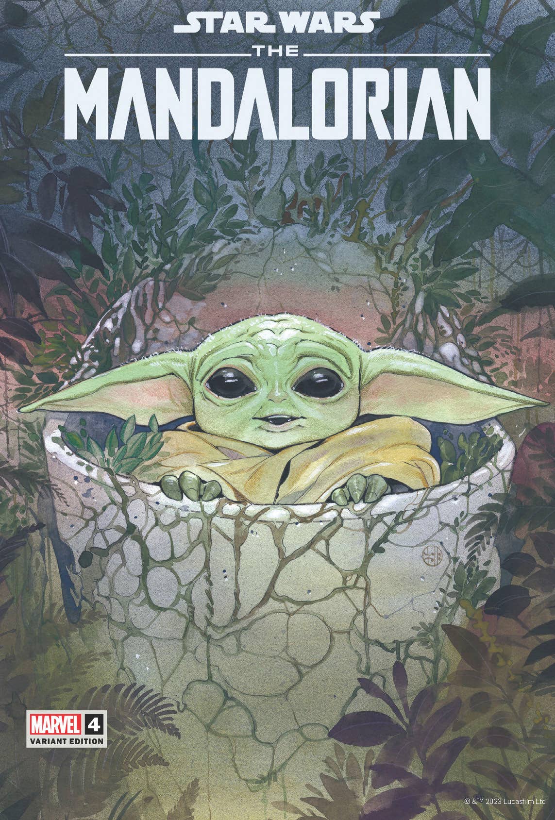 Baby Yoda in cozy basket, Star Wars The Mandalorian Marvel comic cover art for fans and collectors