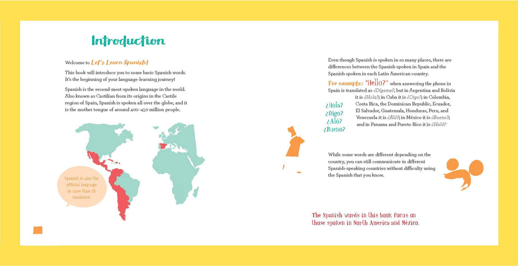 Introduction page of 'Let's Learn Spanish!' book with world map highlighting Spanish-speaking regions and common greetings.