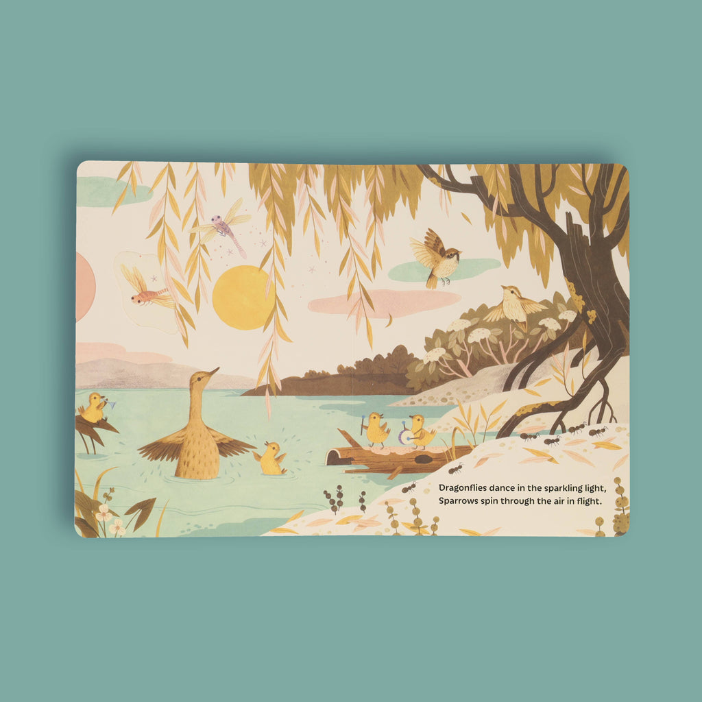 Illustrated children's book page with ducks, dragonflies, and sparrows by a lakeside under willow trees.