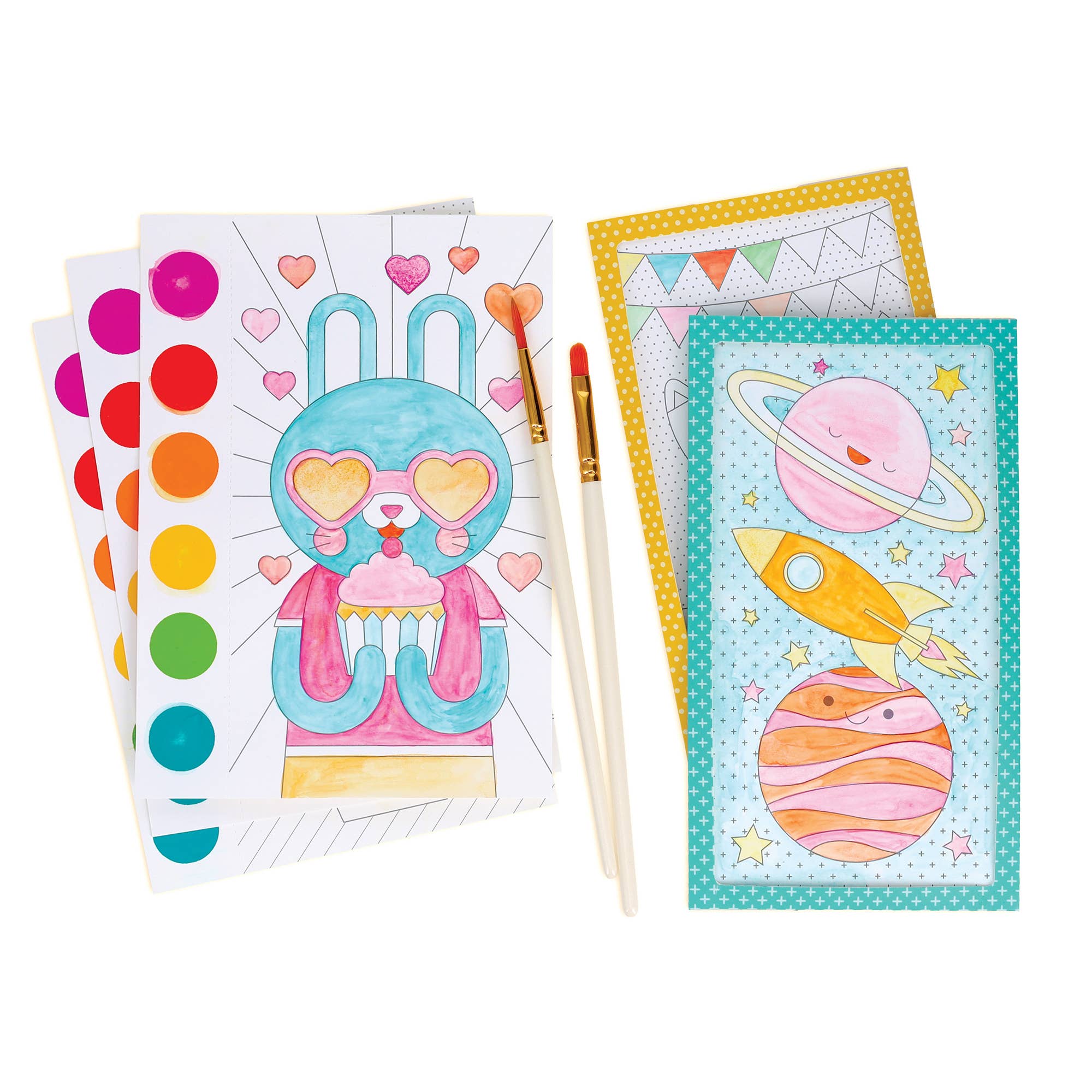 Coloring books with space-themed designs and paintbrushes on a white background