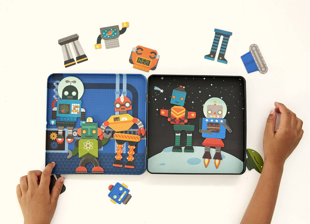 Colorful robot puzzle pieces for kids, perfect for imaginative play and learning with space-themed designs.