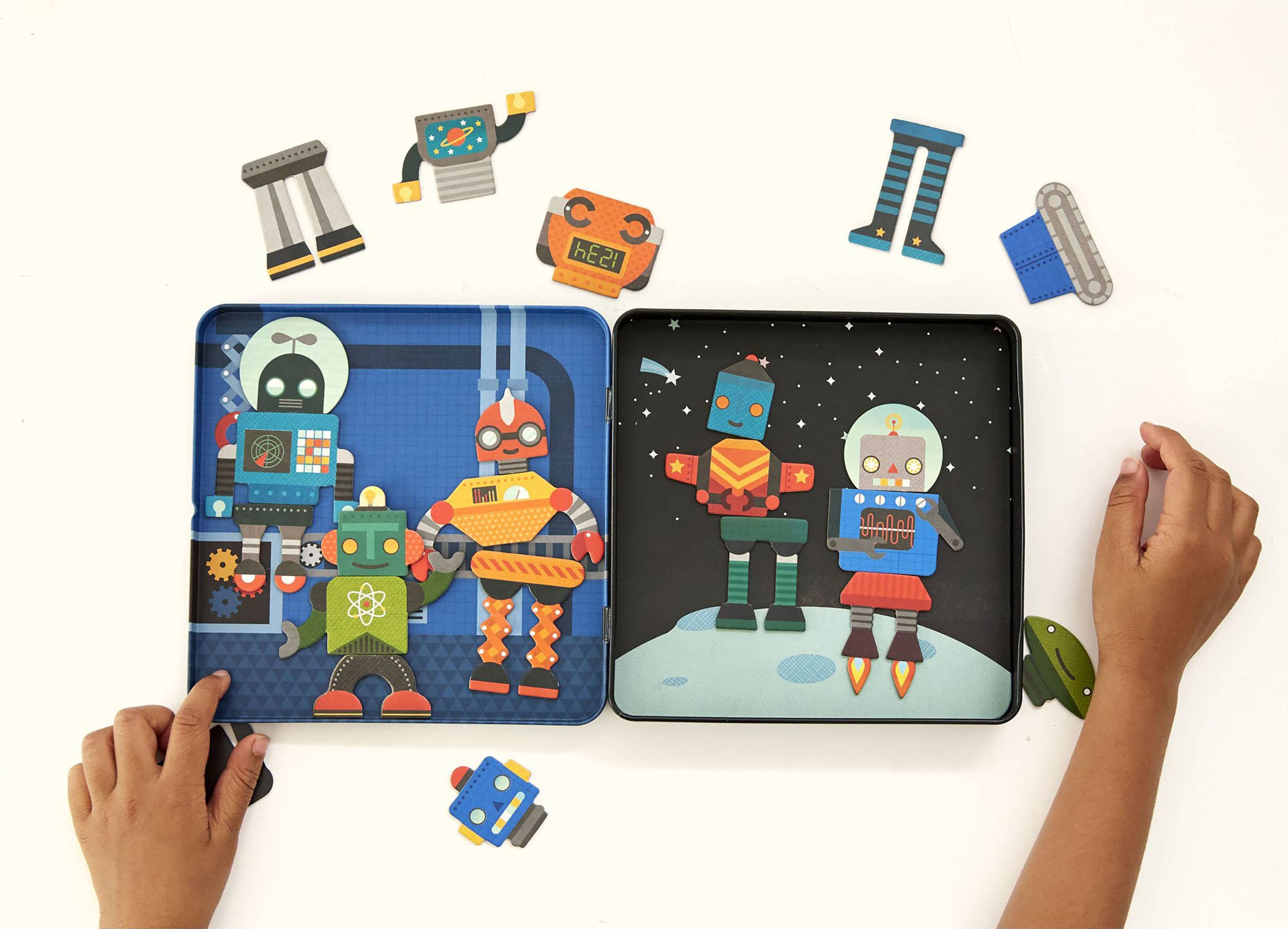 Colorful robot puzzle pieces for kids, perfect for imaginative play and learning with space-themed designs.