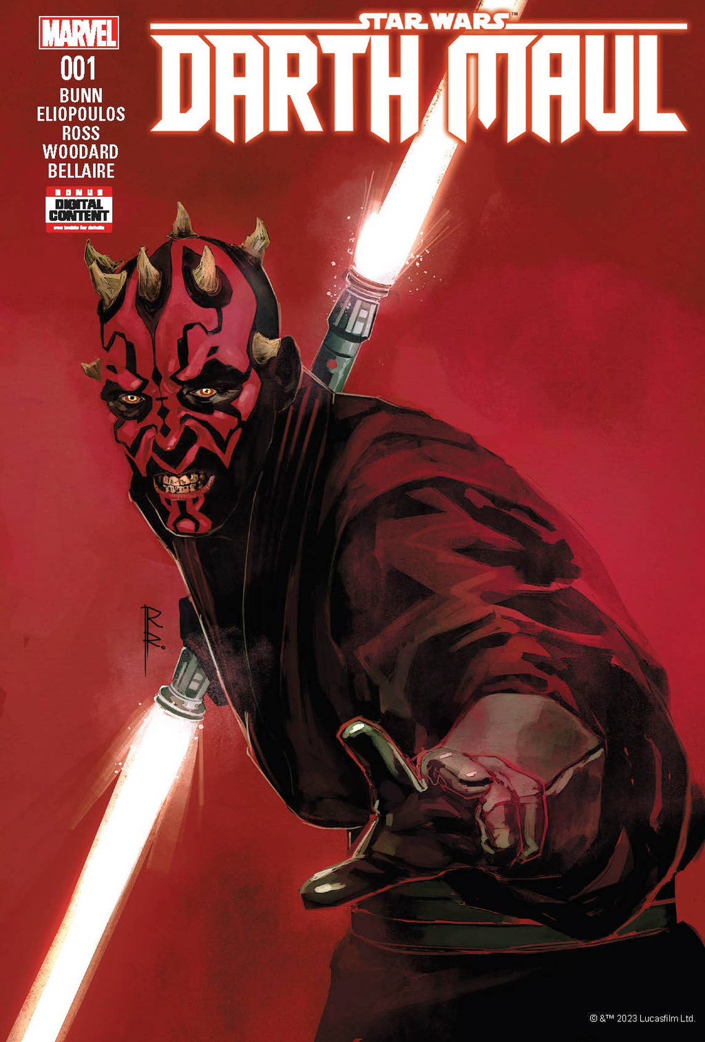 Darth Maul Star Wars comic cover with red lightsabers, Marvel issue #001