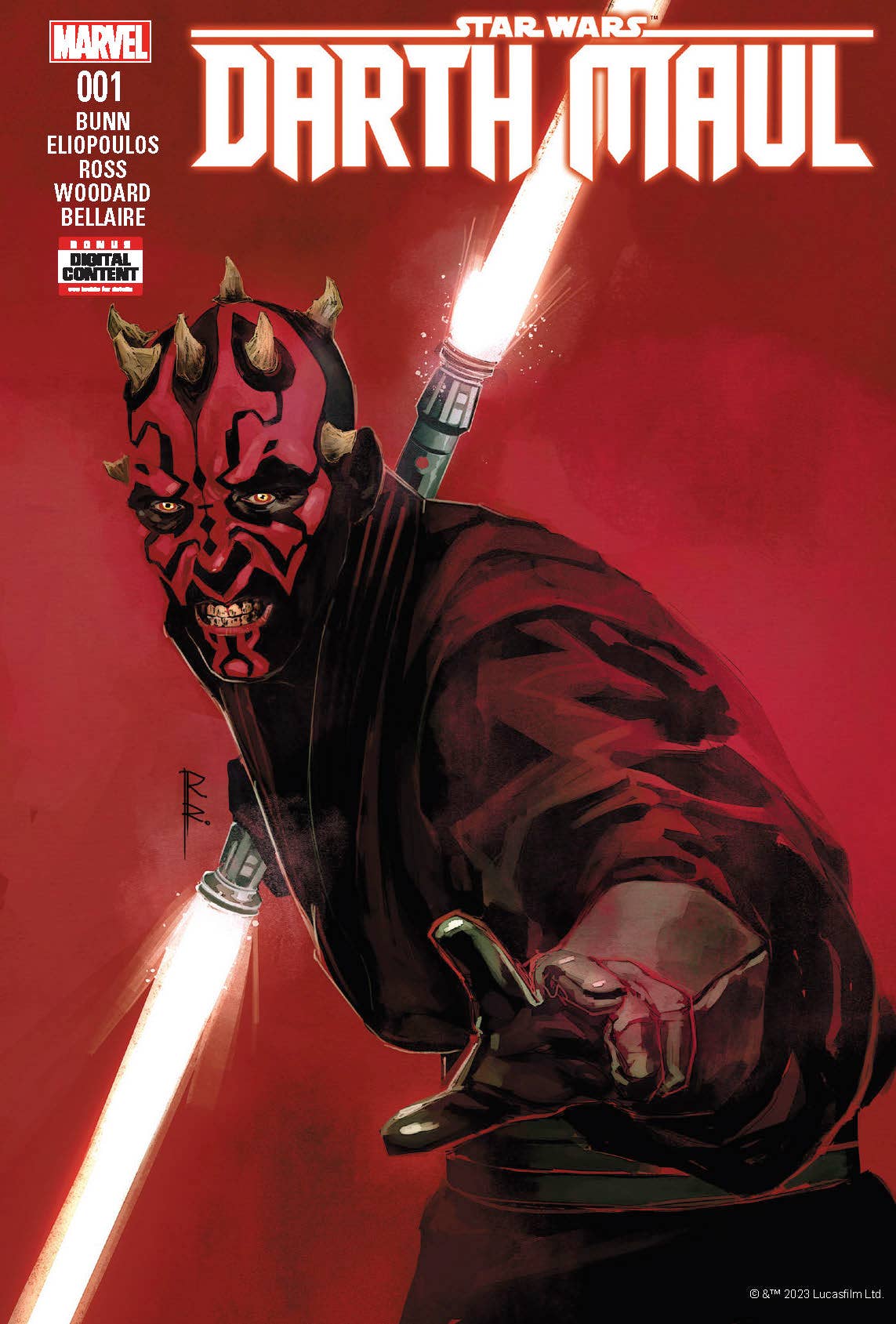 Darth Maul Star Wars comic cover with red lightsabers, Marvel issue #001