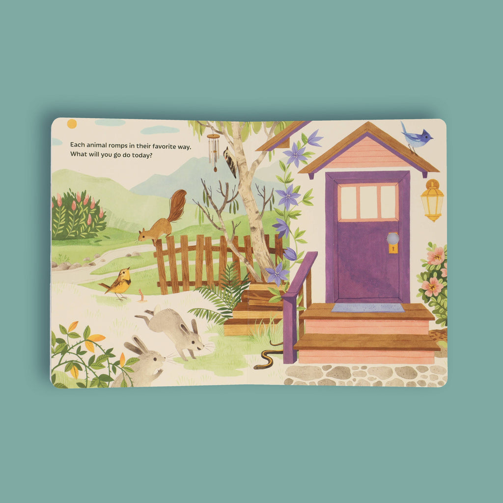 Children's book page with animals playing near a purple door, perfect for cozy reads and intentional play.