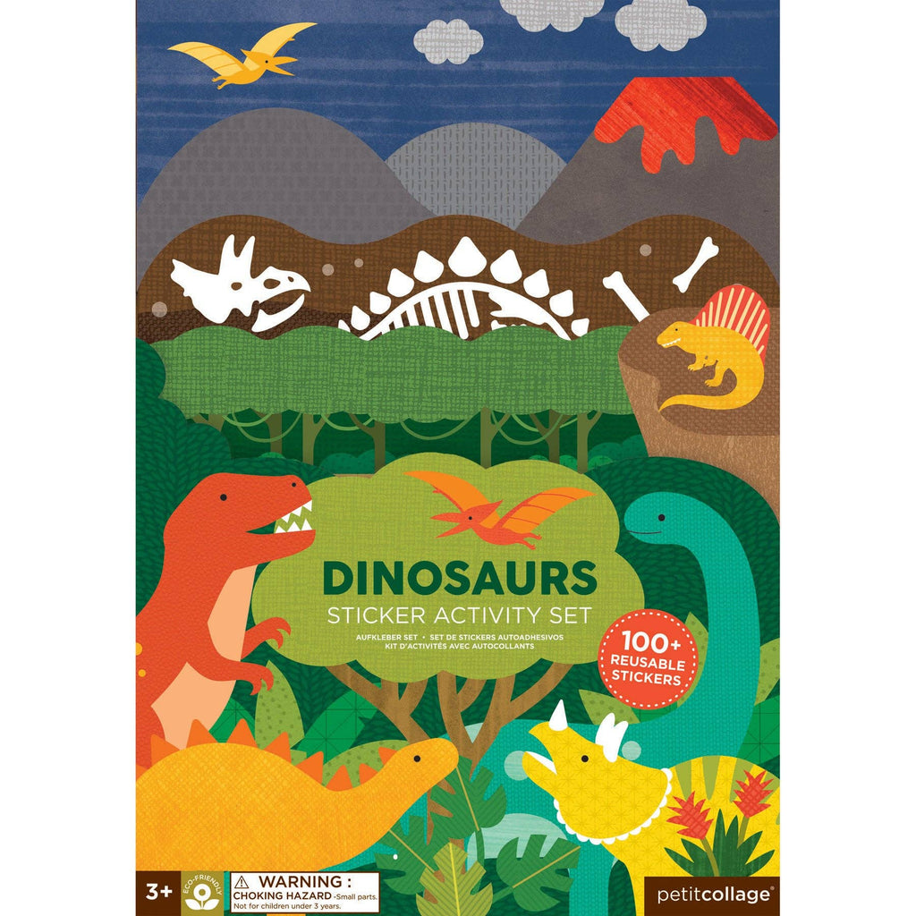 Dinosaurs sticker activity set with 100+ reusable stickers for kids, featuring colorful prehistoric scenes and eco-friendly design