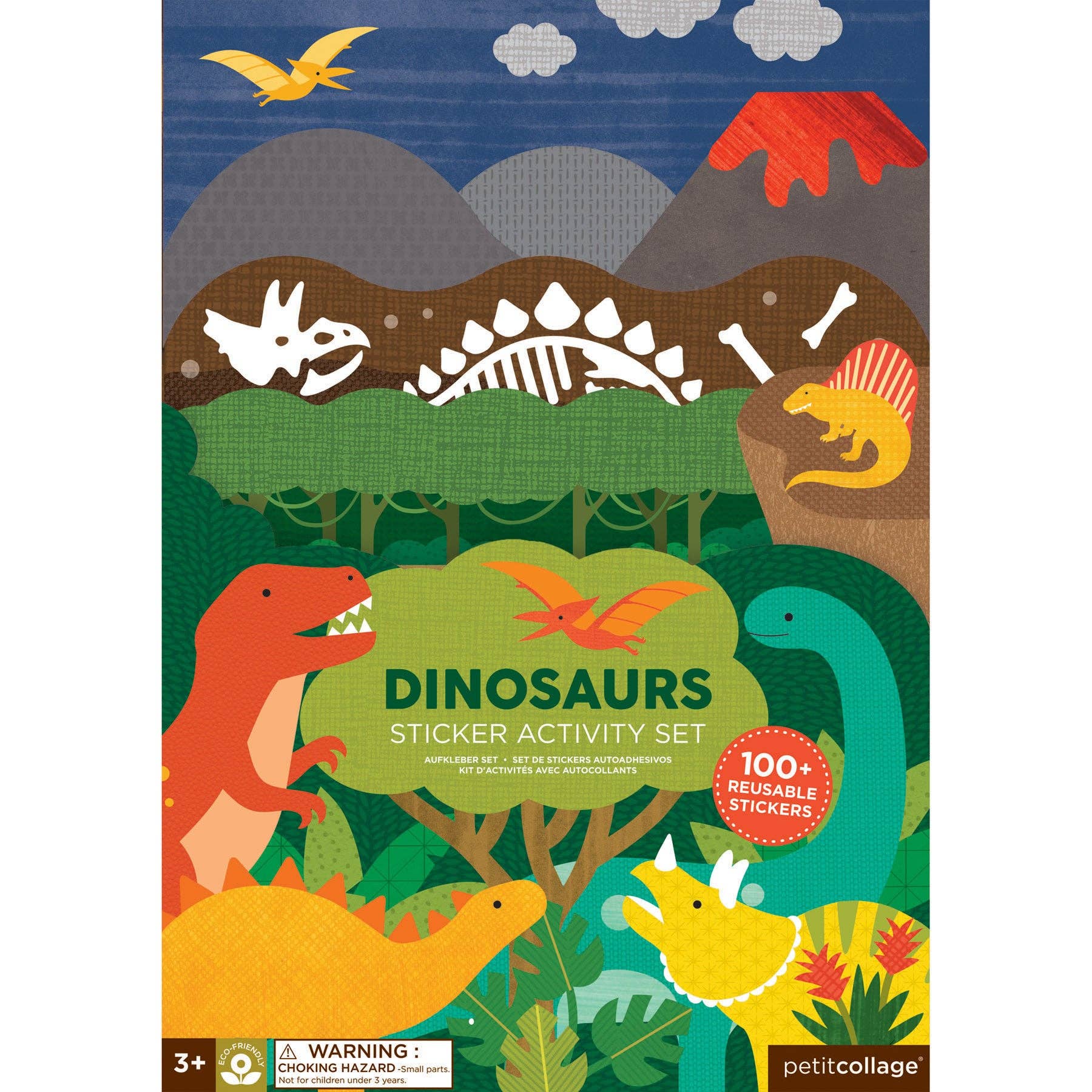 Dinosaurs sticker activity set with 100+ reusable stickers for kids, featuring colorful prehistoric scenes and eco-friendly design